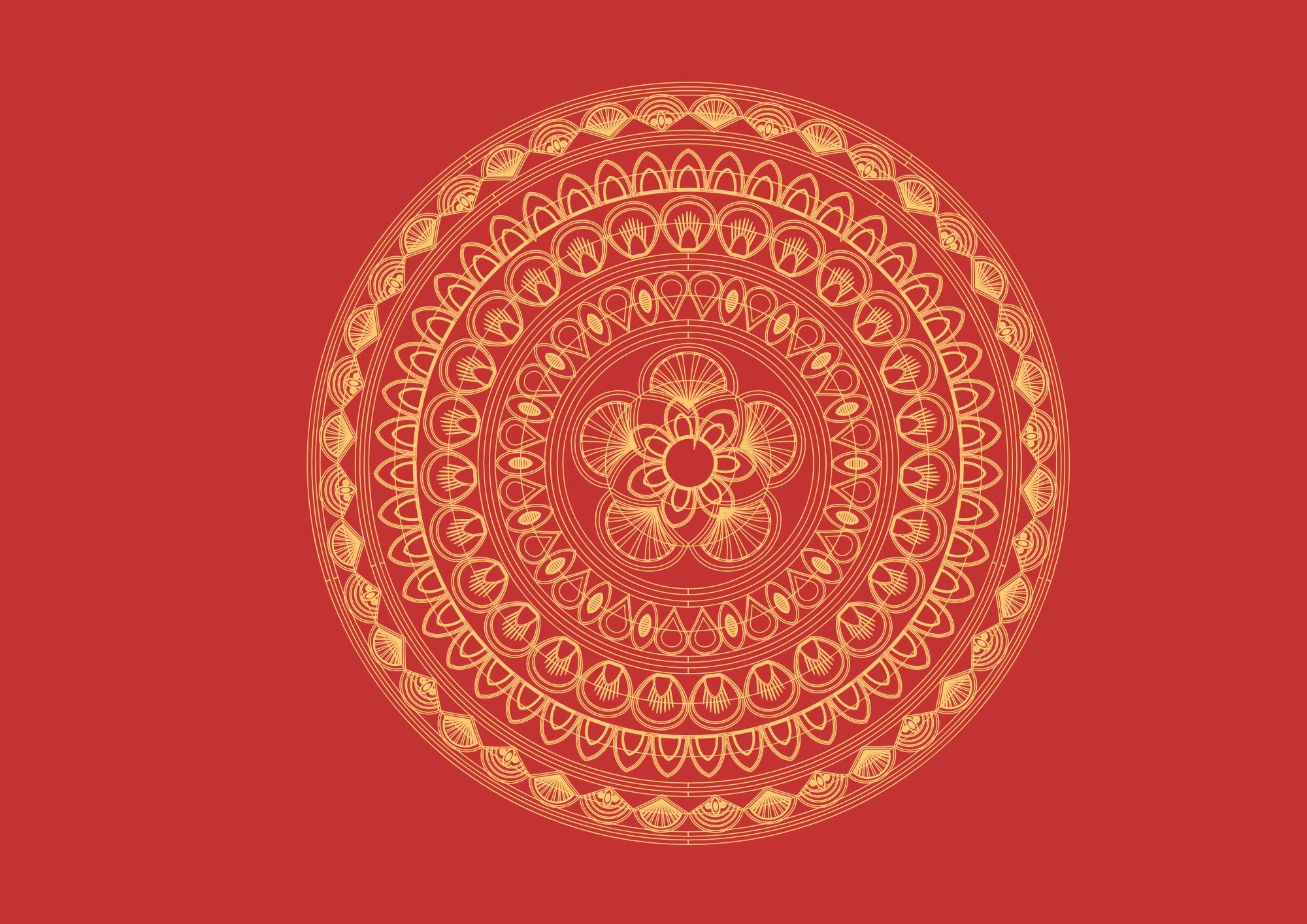 Naturfarbenes kreisförmiges Mandala auf dunkelrotem Untergrund