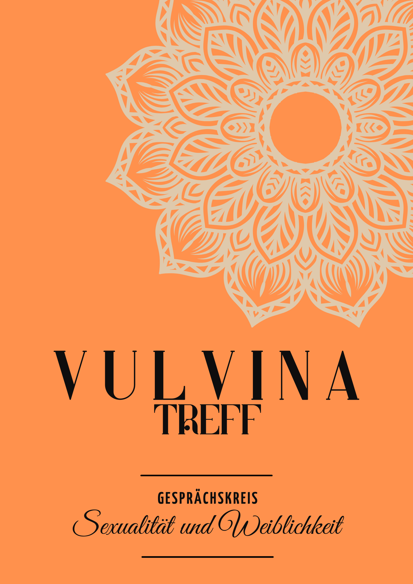 Titel der Veranstaltung auf orangenem Hintergrund mit weißem Blumenmandala